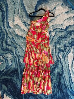 FARM Rio One-Shoulder Tropical Fruit Print Dress in Pink and Orange